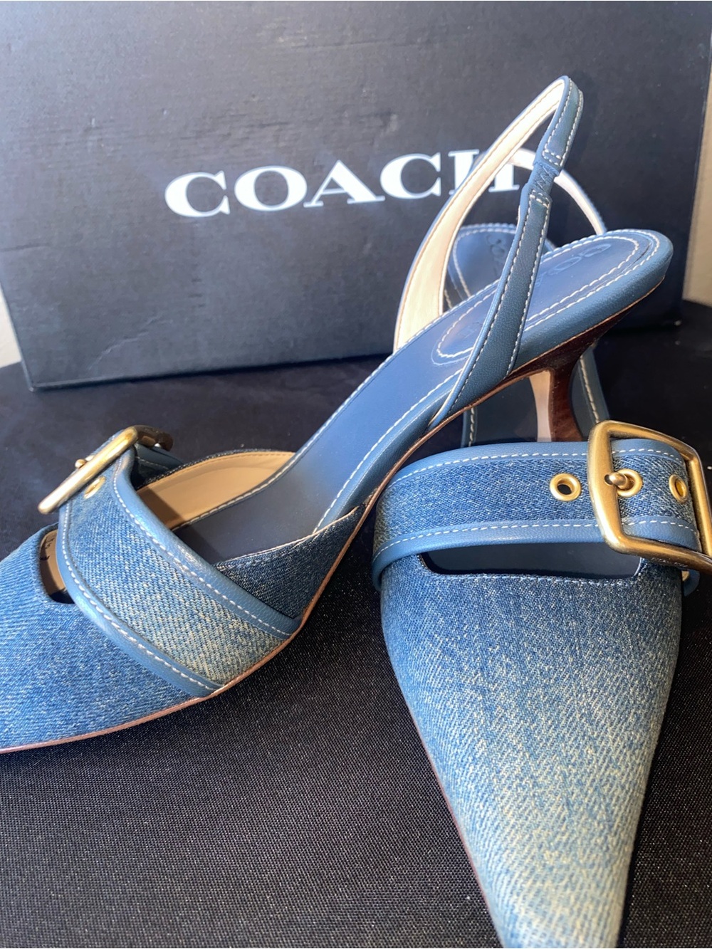 Coach Blue Denim Pointed Slingback Heels with Buckle Sz 8.5 - Picture 8 of 10